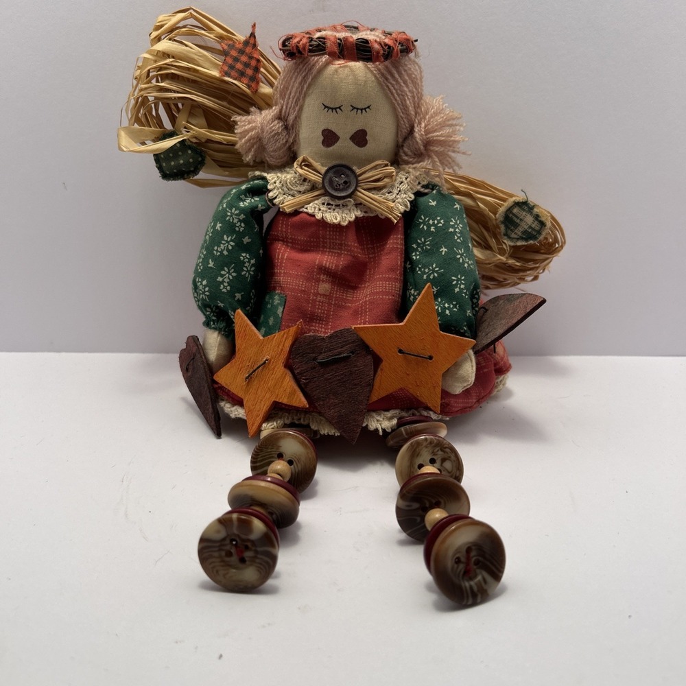 Primitive Vintage Cloth Rag Angel Cottage Core Country Button Legs Folk Art